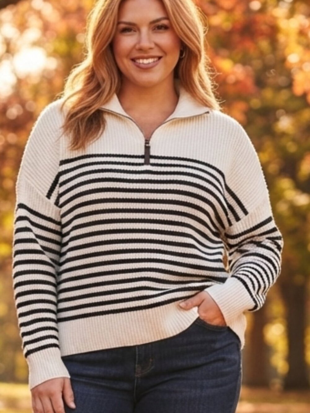 Denver Hayes Black and White Striped 1/2 Zip Mock Neck Sweater Size Large Relaxe